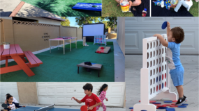 collage of kids playing with yard games and families watching movies